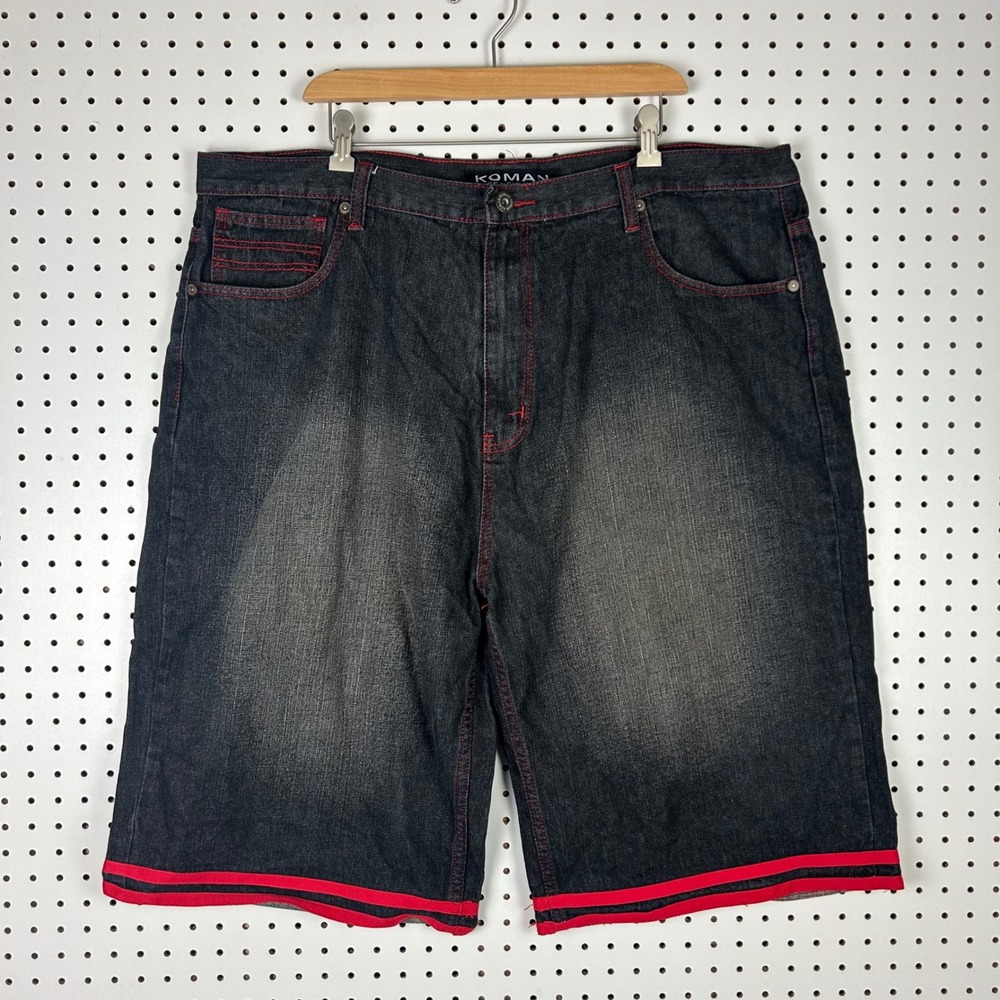 Koman Denim Shorts Sz 44 Black Red Gothic Skater Stitch Baggy Y2K Skate Hip Hop